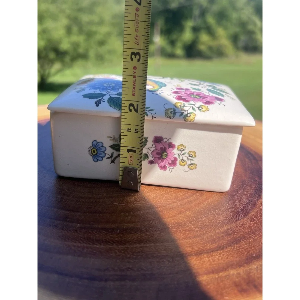 Vintage Purbeck Ceramics Swanage England Trinket Box Peacock Floral Chinoiserie